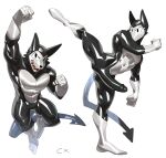  2021 absurd_res anthro big_penis black_body black_nose canid canine canis cxcxxcxxxx digital_media_(artwork) erection feet genitals hi_res kick male mammal multicolored_body muscular muscular_anthro muscular_male penis pie_cut_eyes punch rubber_creature sharp_teeth simple_background solo teeth white_background white_body wolf 