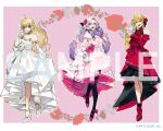  3girls :d ahoge alternate_costume anemone_(flower) ankle_boots ankle_ribbon ankle_strap aqua_eyes armlet black_pantyhose black_ribbon blonde_hair boots border braid copyright_notice detached_sleeves dress dress_flower drill_hair drill_sidelocks evening_gown floral_background flower full_body gloves gold_trim gown hair_between_eyes hair_flower hair_ornament hair_ribbon halter_dress halterneck hand_on_own_arm hand_on_own_chest hand_up high-low_skirt high_heels holding holding_money hyakumantenbara_salome juliet_sleeves lace-trimmed_dress lace-trimmed_sleeves lace_trim leg_ribbon leg_up long_dress long_hair long_sleeves looking_at_viewer medium_dress money multiple_girls nail_polish nijisanji off-shoulder_dress off_shoulder official_art outside_border pantyhose parted_bangs pink_background pink_dress pink_eyes pink_flower pink_footwear pink_gloves pink_rose puffy_sleeves pumps purple_hair purple_nails red_dress red_eyes red_flower red_rose ribbon rokumeikan_kiriko rose sample_watermark short_sleeves sidelocks skirt_hold sleeves_past_wrists smile standing strapless strapless_dress takamiya_rion tatsuta_age twin_braids virtual_youtuber waist_ribbon watermark white_border white_dress white_flower white_footwear white_rose 