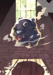 absurdres animal_focus brick_wall commentary_request fangs floating gara_(qbeuxvii22) highres leaf no_humans open_mouth pokemon silhouette smoke solo sunlight teeth weezing window window_shade 