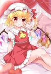  1girl absurdres blonde_hair collared_shirt flandre_scarlet frilled_skirt frills hat heart highres one_side_up pillow red_eyes red_shirt red_skirt shirt skirt solo stuffed_animal stuffed_toy teddy_bear touhou white_headwear wings wrist_cuffs yurufuwa_milk 