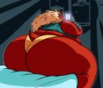  anthro avian bed bedroom big_butt blaziken blue_eyes bodily_fluids bubble butt clothed clothing drooling female furniture generation_3_pokemon hi_res holding_object holding_phone huge_butt lexodynaro looking_at_object looking_at_phone night nintendo overweight overweight_anthro overweight_female phone pokemon pokemon_(species) red_body saliva side_belly solo thick_thighs tired wide_hips 