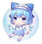 1girl alternate_costume blue_bow blue_eyes blue_footwear blue_hair blue_jacket blush bow chibi cirno detached_wings fairy full_body hair_bow ice ice_wings jacket long_sleeves open_mouth pjrmhm_coa shoes short_hair smile socks solo touhou white_socks wings 
