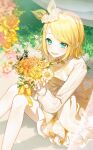  aqua_eyes bouquet dress flower from_behind grass highres holding holding_bouquet kagamine_rin liso long_sleeves looking_at_viewer official_alternate_costume on_ground orange_dress orange_flower outdoors parted_bangs pearl_hair_ornament project_sekai shrug_(clothing) vocaloid white_flower yellow_flower yellow_theme 