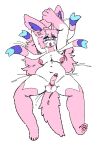  &lt;3 2023 4_toes anthro areola balls bed biped blue_body blue_eyes blue_inner_ear blush blush_lines bodily_fluids bow_(feature) breasts cherrypillowz drooling ear_piercing eeveelution erection eyebrow_through_hair eyebrows feet fur furniture generation_6_pokemon genitals glans gloves_(marking) gynomorph hair hi_res humanoid_genitalia humanoid_penis intersex leg_markings long_hair lying mammal markings medium_breasts navel nintendo nipples on_back on_bed open_mouth pawpads penis piercing pink_areola pink_body pink_fur pink_hair pink_nipples pink_pawpads pokemon pokemon_(species) pupils ribbons_(anatomy) saliva simple_background slightly_chubby slightly_chubby_gynomorph socks_(marking) soles solo spread_legs spreading sylveon tail tail_tuft toes translucent translucent_hair tuft white_background white_body white_fur white_pupils 