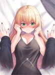  2girls absurdres black_nails black_shirt blonde_hair breasts cleavage closed_mouth female_pov green_eyes highres hiodoshi_ao hololive jewelry large_breasts long_hair looking_at_viewer momosuzu_nene multiple_girls nail_polish necklace pov ring shirt suicabar72 virtual_youtuber 