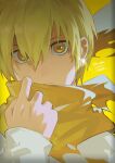  1boy absurdres blonde_hair dated durarara!! earrings eromkk hair_between_eyes highres holding holding_clothes holding_scarf jewelry kida_masaomi looking_at_viewer male_focus scarf serious short_hair signature solo stud_earrings twitter_username upper_body yellow_background yellow_eyes yellow_scarf 