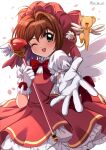  1girl absurdres blush bow cardcaptor_sakura dress female_child gloves green_eyes happy highres kero kinomoto_sakura magical_girl one_eye_closed open_mouth pink_dress pink_headwear red_bow simple_background takatsuki_p white_background white_gloves wings 