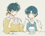  1boy 1girl blue_hair blush eating food happy hibiki_ryouga holding holding_spoon ice_cream nmnm_bbb open_mouth ranma_1/2 school_uniform short_hair simple_background smile spoon tendou_akane white_background 