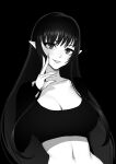  1girl artist_name brassica breasts cleavage collarbone crop_top fingernails greyscale hand_up highres linea_alba long_hair medium_breasts monochrome navel original pointy_ears sharp_fingernails solo upper_body 