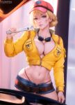  1girl artist_name baseball_cap belt belt_buckle blonde_hair blue_shorts breasts buckle cindy_aurum cleavage collarbone commentary commentary_typo cowboy_shot cropped_jacket final_fantasy final_fantasy_xv fingernails flowerxl goggles goggles_around_neck hair_between_eyes hair_up hat holding holding_wrench jacket large_breasts light_smile looking_at_viewer midriff navel paid_reward_available panties parted_lips red_headwear red_panties revealing_clothes short_shorts shorts solo standing stomach underwear web_address wrench yellow_jacket 