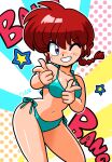  1girl bikini blue_eyes blush braid braided_ponytail breasts happy navel one_eye_closed pointing ranma-chan ranma_1/2 red_hair signature solo star_(symbol) swimsuit teeth wanta_(futoshi) 