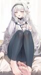  1girl absurdres barefoot bed_sheet black_hairband blue_archive blunt_bangs blurry blush coat commentary_request depth_of_field ear_piercing elf feet flower foot_focus full_body grey_coat grey_shirt hair_flower hair_intakes hair_ornament hair_tubes hairband halo hand_on_own_chest highres himari_(blue_archive) jacket knees_together_feet_apart knees_up kurobi_(netisz) leggings legs long_hair long_sleeves looking_at_viewer mole mole_under_eye piercing pointy_ears presenting_foot purple_eyes purple_hair shirt sitting sitting_on_object smile soles solo striped striped_hairband toes tongue tongue_out turtleneck white_background white_flower white_hair white_jacket 