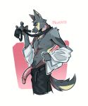 absurd_res anthro bottomwear canid canine canis clothed clothing genitals hi_res humanoid_genitalia humanoid_penis looking_at_viewer male mammal morrch necktie open_bottomwear open_clothing open_pants pants penis solo wolf 