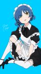  1girl absurdres alternate_costume blue_hair bocchi_the_rock! enmaided green_eyes highres maid maid_headdress short_hair simple_background sitting solo strap_slip thighhighs tongue tongue_out v white_thighhighs yamada_ryou zetsuyo_chimayo 