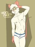  anthro biscuits_(character) blue_seam_briefs blue_seam_underwear briefs briefs_only brown_background buckteeth bulge clothed clothing colored_seam_underwear detailed_background english_text eyewear glasses hand_behind_head hi_res male mammal mouse murid murine navel nipples pink_nose red_eyes rodent rthur simple_background skinny_male smile solo teeth teeth_showing text tighty_whities topless underwear underwear_only white_briefs white_clothing white_underwear 