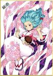  1girl beads blue_hair blue_nails character_doll character_name cherry_blossom_print commentary_request dated floral_print full_body grin hair_beads hair_ornament hamada_yoshikazu highres japanese_clothes kagami_kazuya kimono kiriha_(tsugumomo) long_hair long_sleeves looking_at_viewer nail_polish obi official_art pointy_ears print_kimono red_eyes sash shikishi signature smile solo tabi teeth traditional_media tsugumomo wide_sleeves 