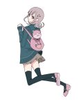  1girl backpack bag black_thighhighs brown_skirt danganronpa_(series) danganronpa_2:_goodbye_despair flipped_hair galaga green_jacket hair_ornament highres holding_strap hood hood_down hooded_jacket jacket long_sleeves looking_at_viewer medium_hair miniskirt nanami_chiaki pink_bag pink_eyes pink_footwear pleated_skirt shenmu_(nyx_0) shirt shoes simple_background skirt solo thighhighs white_background 