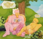  2023 adventure_time after_sex anthro balls beard big_balls big_penis bodily_fluids canid canine canis cartoon_network chest_tattoo cum cum_in_ass cum_inside cum_on_penis dialogue domestic_dog duo english_text facial_hair finn_the_human genital_fluids genitals hi_res human jake_the_dog male male/male mammal mkcrown nipples outside penis pubes tattoo text vein watermark 