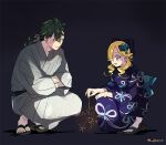  1boy 1girl alternate_costume blonde_hair blue_eyes closed_mouth fire_emblem fire_emblem_engage green_hair gregory_(fire_emblem) guttary hair_between_eyes hair_over_one_eye hair_ribbon japanese_clothes kimono kneeling looking_at_another madeline_(fire_emblem) open_mouth red_eyes ribbon short_hair wavy_hair yukata 