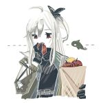  1girl ahoge apple arknights bag belt black_gloves black_shirt brown_jacket colored_skin eating food fruit gloves grey_belt grey_hair hair_between_eyes highres holding holding_bag holding_food holding_fruit jacket jewelry long_hair mugioec necklace official_alternate_costume one_side_up open_clothes open_jacket paper_bag red_eyes shirt simple_background skadi_(arknights) skadi_(the_next_afternoon_tea)_(arknights) solo upper_body white_background white_skin 