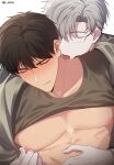  absurdres brown_hair closed_eyes collarbone eyewear_on_head glasses highres ilay_riegrow jeong_taeui licking licking_neck muscular muscular_male nipple_tweak o_ssion passion_(manhwa) pectorals sweatdrop white_background yaoi 