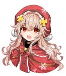  1girl bell beret blonde_hair borrowed_character cape cropped_shoulders hat highres jingle_bell long_hair looking_at_viewer open_mouth original pom_pom_(clothes) red_cape red_eyes red_headwear smile snowflakes solo wavy_hair yadayada 