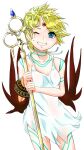  1girl blonde_hair blue_eyes body_markings bracelet breath_of_fire breath_of_fire_v commentary_request dress facial_mark flower forehead_mark full-body_tattoo highres holding holding_staff jewelry looking_at_viewer loopa nina_(breath_of_fire_v) one_eye_closed red_wings short_hair simple_background smile solo staff tattoo white_background white_dress wings 