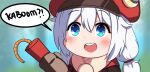  !? 1girl :d blue_eyes blurry blurry_background brown_gloves cabbie_hat company_connection cosplay crossover dynamite english_commentary english_text explosive genshin_impact gloves hat holding honkai_(series) honkai_impact_3rd hualing jacket klee_(genshin_impact) klee_(genshin_impact)_(cosplay) long_hair long_sleeves looking_at_viewer mihoyo neppuru outdoors red_headwear red_jacket smile solo speech_bubble theresa_apocalypse theresa_apocalypse_(celestial_hymn) twintails upper_body voice_actor_connection white_hair 