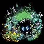  1other black_border black_skin blue_eyes border cave cloak colored_skin commentary_request extra_eyes eyes_in_shadow full_body glowing glowing_eyes grass green_cloak highres hollow_knight hunter_(hollow_knight) knight_(hollow_knight) leaf nail_(hollow_knight) on_stairs other_focus plant sakana_2-gou sitting spikes stairs thorns vines weapon weapon_on_back 