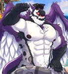  abs absurd_res anthro arm_tuft armpit_hair avian baseball_cap beach beak beard biceps big_pecs bird black_body black_fur black_hair body_hair body_tuft chest_hair chest_tuft claws clothing dragon facial_hair fangs feathered_wings feathers felid fur grey_body grey_fur gryphon hair hat headgear headwear hi_res hybrid looking_at_viewer male mammal moshihun multicolored_body multicolored_fur muscular muscular_anthro muscular_male mythological_avian mythology neck_tuft nipples open_mouth orange_eyes outside pantherine pecs pubes purple_body purple_fur seaside solo spots spotted_body tail tail_covering_crotch teeth tongue tuft watermark white_body white_fur white_hair wing_tuft wings 