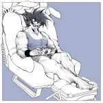  1boy bara covered_nipples dragon_ball dragon_ball_super food food_in_mouth glasses handheld_game_console highres holding holding_handheld_game_console large_pectorals male_focus muscular muscular_male nintendo_switch partially_colored pectorals playing_games popsicle popsicle_in_mouth powersalad2022 short_hair shorts sitting solo son_goku spiked_hair thick_thighs thighs wristband 