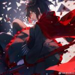  artist_name black_dress black_hair cape crescent_rose dress frilled_skirt frills gradient_hair grey_eyes highres knees_up light_smile looking_back multicolored_hair original_kscn petals red_cape red_hair ruby_rose rwby scythe shattered short_hair skirt two-tone_background 