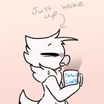  2022 ambiguous_anthro ambiguous_gender anthro avian beak beverage biped bird blue_text coffee coffee_mug digital_media_(artwork) directional_arrow english_text eyes_closed feathers grey_text hair holding_beverage holding_coffee holding_coffee_mug holding_object just_woke_up monotone_body monotone_feathers mug nude nude_anthro nude_male pink_background riley_(giidenuts) side_view simple_background solo tail text text_on_mug white_arms white_body white_feathers white_hair white_legs white_mug white_tail yosshidoragon 