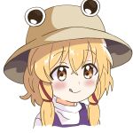  1girl absurdres blonde_hair brown_hair brown_headwear commentary_request crossed_bangs hair_between_eyes hat highres moriya_suwako portrait purple_vest simple_background smile solo sweater tongue tongue_out touhou vest white_background white_sweater yamabiru 