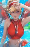  1girl arm_up blonde_hair blue_eyes breasts day english_commentary highres in_water lifeguard looking_at_viewer medium_breasts mercy_(overwatch) midriff navel noush ocean official_alternate_costume outdoors overwatch overwatch_2 parted_lips ponytail red_headwear sleeveless solo upper_body water whistle wings 