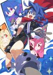  1boy 3girls backpack bag blue_eyes blue_hair blush commentary_request disgaea etna_(disgaea) fang flat_chest flonne flonne_(fallen_angel) gloves goggles goggles_on_head highres laharl long_hair looking_at_viewer multiple_girls navel neptune_(series) nippon_ichi_(neptune_series) open_mouth red_scarf scarf smile solo_focus unzipped ushiki_yoshitaka 