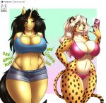  alexandra_(velocitycat) amber_steel anthro big_breasts bikini black_hair blonde_hair bottomwear breasts cellphone cheetah cleavage clothed clothing crop_top curvy_figure distracted duo equid equine felid feline female hair hi_res horn hourglass_figure hungry imminent_vore licking licking_lips looking_at_another looking_at_object looking_at_phone mammal midriff navel phone rumbling_stomach shirt shorts small_waist smartphone spots spotted_body swimwear tacticalfur thick_thighs tongue tongue_out topwear unicorn wide_hips yellow_body 