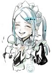  1girl blue_hair blush colored_skin fire_emblem fire_emblem_fates flora_(fire_emblem) hair_behind_ear hand_on_own_chest highres laughing maid maid_headdress misokatsuhaumai smile solo upper_body white_skin 