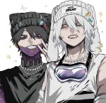  2boys ametaro_(ixxxzu) animal_ears beanie black_hair black_headwear blue_eyes boku_no_hero_academia burn_scar cat_ears chain_necklace cheek_piercing dabi_(boku_no_hero_academia) ear_piercing goggles goggles_around_neck gudetama hand_up hangyodon hat highres jewelry lip_piercing looking_at_viewer male_focus multiple_boys multiple_piercings multiple_scars necklace nose_piercing piercing red_eyes scar shigaraki_tomura short_hair simple_background spiked_hair staple stapled stitches v white_background white_hair white_headwear wrinkled_skin 