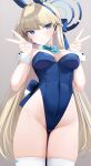  1girl animal_ears bare_shoulders blonde_hair blue_archive blue_eyes blue_leotard blush breasts cleavage detached_collar double_v earpiece fake_animal_ears fake_tail fed_(giba) hair_ribbon highleg highleg_leotard highres leotard long_hair looking_at_viewer medium_breasts official_alternate_costume playboy_bunny rabbit_ears rabbit_tail ribbon solo strapless strapless_leotard tail toki_(blue_archive) toki_(bunny)_(blue_archive) v very_long_hair wrist_cuffs 