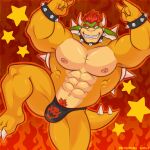  2023 abs absurd_res anthro artist_name barazoku barefoot bent_leg biceps big_bulge big_muscles big_pecs bowser bracelet bulge claws clothed clothing collar devil_horns_(gesture) eyebrows feet fire front_view gesture hair hi_res horn huge_muscles jewelry koopa logo looking_at_viewer male manly mario_bros muscular muscular_anthro muscular_male navel nintendo nipples non-mammal_nipples obliques on_one_leg orange_background pecs pubes pumpking_wolf scalie serratus shell simple_background smile solo spiked_bracelet spiked_collar spiked_shell spiked_tail spikes spikes_(anatomy) standing star tail teeth thick_thighs thong thong_only topless topless_anthro topless_male underwear underwear_only 