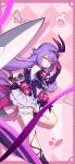  1girl bare_shoulders breasts chinese_commentary detached_sleeves doughnut food gloves hair_between_eyes highres honkai_(series) honkai_impact_3rd long_hair looking_at_viewer navel official_art official_wallpaper pink_gloves purple_hair scissors sirin_(miracle_magical_girl) skirt small_breasts smile solo star_(symbol) symbol-shaped_pupils v very_long_hair weapon white_skirt x-shaped_pupils yellow_eyes 