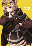  1girl brown_hair choker double_bun eyewear_on_head fingerless_gloves girls&#039;_frontline gloves gun hair_bun highres looking_at_viewer nakiusagi open_mouth p90_(girls&#039;_frontline) red_eyes short_hair simple_background smile solo sunglasses trigger_discipline weapon yellow_background 