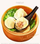  artist_name bowl chinese_food dumpling english_text food food_focus haruna_macpro highres lettuce no_humans original simple_background spoon 