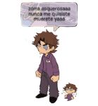  1boy black_footwear black_pants chibi clenched_hands club_penguin commentary crying dabi_bill five_nights_at_freddy&#039;s long_sleeves male_focus meme michael_afton pants purple_shirt shirt shoes solo spanish_text speech_bubble standing symbol-only_commentary translated 