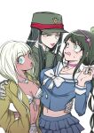  1boy 2girls :d androgynous bandaged_hand bandages bikini blonde_hair bow bowtie breasts brown_hair brown_jacket chabashira_tenko chain danganronpa_(series) danganronpa_v3:_killing_harmony frilled_bikini frills green_headwear green_jacket green_skirt hair_ornament hair_ribbon hairband hand_around_waist hand_on_another&#039;s_shoulder highres jacket large_breasts layered_skirt long_hair low_twintails midriff multiple_girls navel navel_piercing open_clothes open_jacket open_mouth piercing pink_hairband ribbon sailor_collar shachoo_(poco_poco) shinguji_korekiyo skirt small_breasts smile star_(symbol) star_hair_ornament stomach sweatdrop swimsuit twintails white_bikini white_bow white_bowtie white_ribbon white_sailor_collar yonaga_angie 