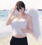  1girl angel_wings beach black_eyes black_hair breasts camisole cleavage collarbone commentary hand_in_own_hair hanpetos large_breasts midriff mikasa_ackerman ocean photo_background see-through see-through_shirt shingeki_no_kyojin short_hair solo sunlight toned underwear white_camisole wings 