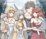  1boy 6+girls animal_ears bare_shoulders blonde_hair breasts brown_eyes brown_hair carrying carrying_person cat_ears chascoby chest_jewel cleavage dress father_and_daughter green_eyes grey_hair halter_dress halterneck highres large_breasts long_hair looking_at_viewer medium_breasts mother_and_daughter multiple_girls mythra_(xenoblade) nia_(xenoblade) parent_and_child pout pyra_(xenoblade) red_eyes red_hair ribbed_dress ribbed_sweater short_hair smile sweater very_long_hair watermark xenoblade_chronicles_(series) xenoblade_chronicles_2 yellow_eyes 