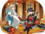  2boys autumn black_footwear black_hair black_shirt blue_cape blue_footwear book bug butterfly cape caterpillar eiki_(eikityou_55) fairy fate/grand_order fate_(series) frown fujimaru_ritsuka_(male) grey_hair head_wreath holding holding_book juliet_sleeves long_sleeves male_focus multiple_boys nose_bubble oberon_(fate) on_shoulder open_mouth pants puffy_sleeves reading robe shirt short_hair sitting tree white_pants 