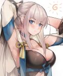  1girl armpits arms_behind_head arms_up blue_bow blue_choker blue_eyes blush bow braid breasts choker cleavage expressionless fate/grand_order fate_(series) french_braid from_side hand_on_own_head highres large_breasts long_hair looking_at_viewer morgan_le_fay_(fate) parted_lips ponytail sidelocks sideways_glance simple_background solo teeth tying_hair upper_body ura_illust white_background white_hair 